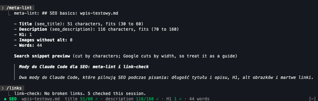 meta-lint i link-check w Claude Code: szczegóły z /meta-lint z podglądem snippetu, wynik /links i linia SEO nad promptem