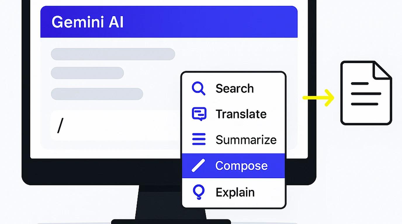 Ekran komputera z interfejsem czatu Gemini i menu wyboru nowych komend skills po wpisaniu ukośnika.
