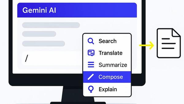 Ekran komputera z interfejsem czatu Gemini i menu wyboru nowych komend skills po wpisaniu ukośnika.