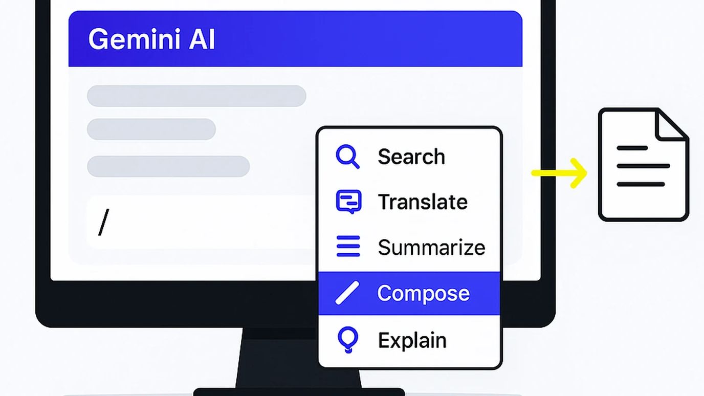 Ekran komputera z interfejsem czatu Gemini i menu wyboru nowych komend skills po wpisaniu ukośnika.