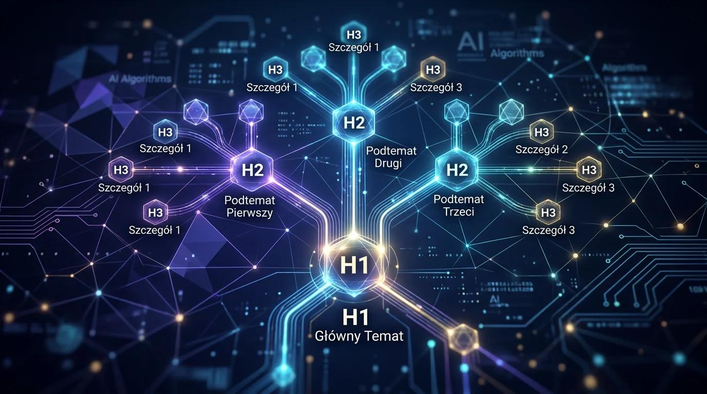 Ilustracja koncepcji optymalizacji nagłówków HTML (H1, H2, H3) dla SEO i systemów AI, poprawiającej efektywność pobierania informacji.