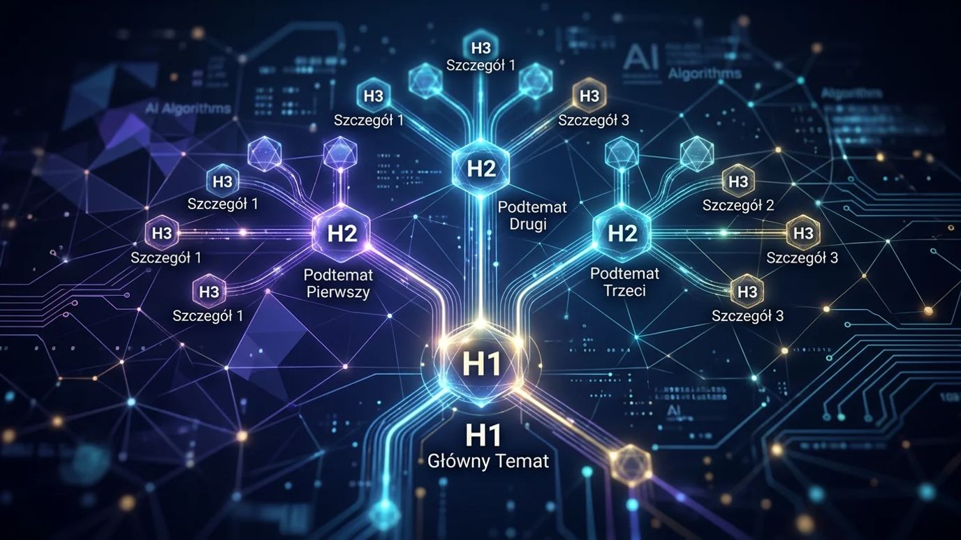 Ilustracja koncepcji optymalizacji nagłówków HTML (H1, H2, H3) dla SEO i systemów AI, poprawiającej efektywność pobierania informacji.