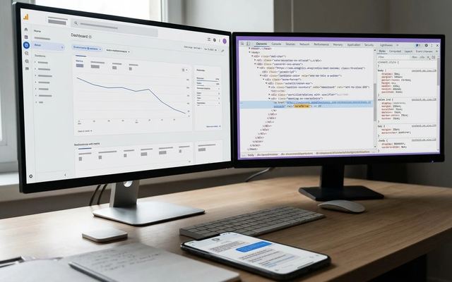 Wykres spadku ruchu w GA4 i panel kodu z brakującymi parametrami UTM w linkach z ChatGPT po aktualizacji GPT-6.