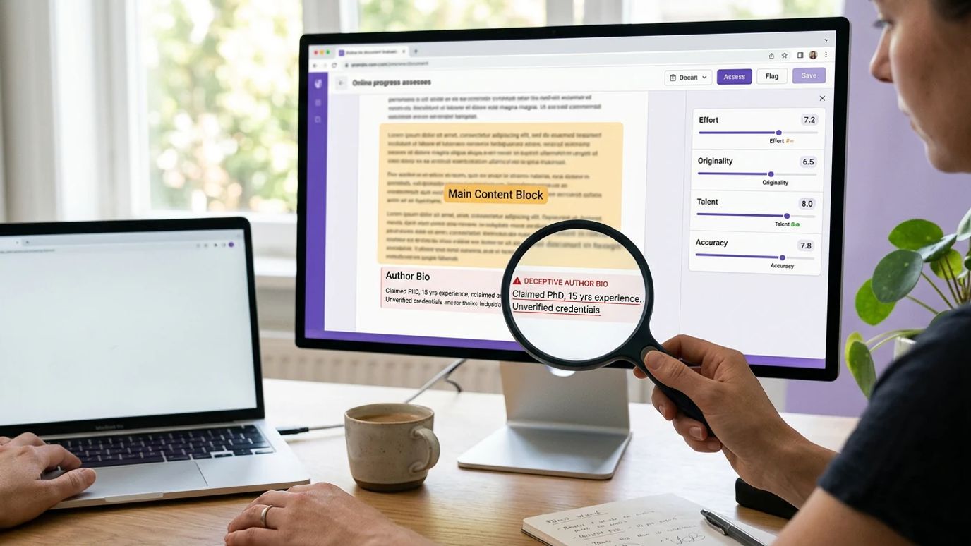 Ekran komputera z definicją Main Content i czterema kryteriami oceny treści Helpful Content od Google.