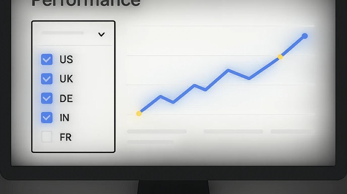 Ekran Google Search Console z otwartym filtrem krajów i zaznaczonymi wieloma państwami naraz.