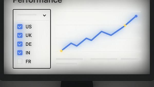 Ekran Google Search Console z otwartym filtrem krajów i zaznaczonymi wieloma państwami naraz.