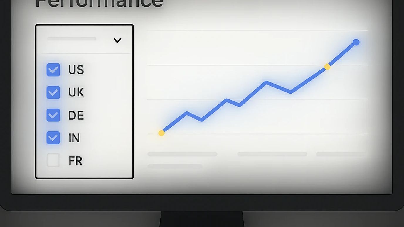 Ekran Google Search Console z otwartym filtrem krajów i zaznaczonymi wieloma państwami naraz.