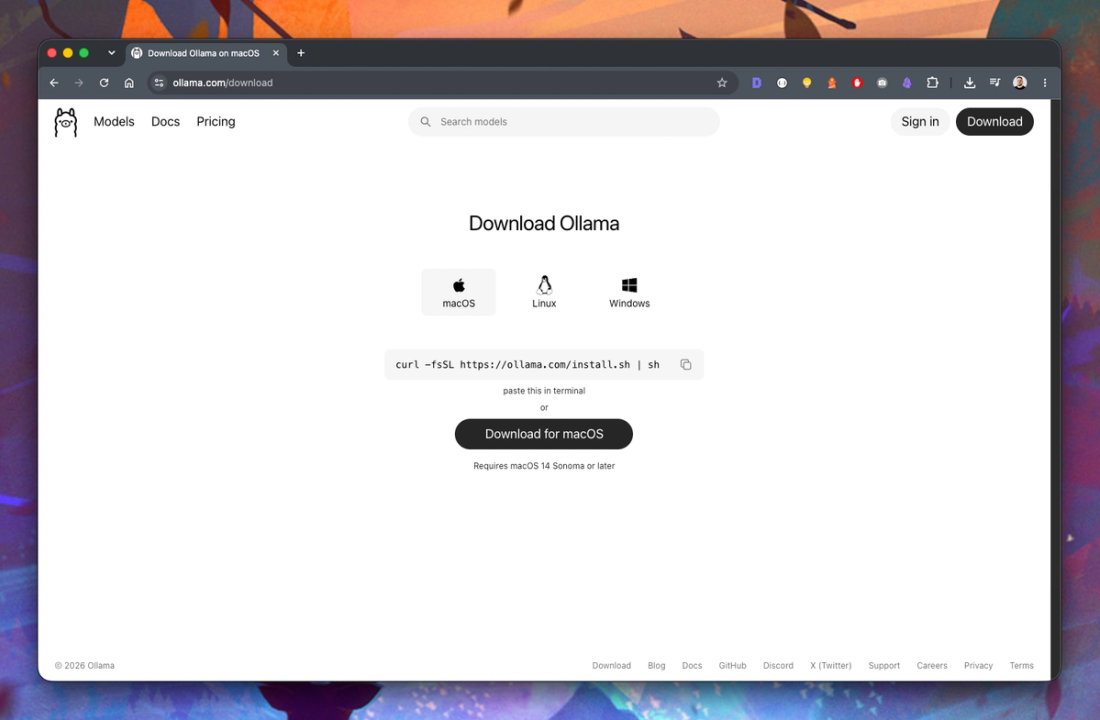 Oficjalna strona pobierania aplikacji Ollama na macOS